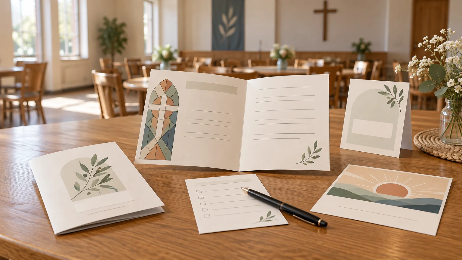 Assorted blank church stationery and cards with botanical, stained-glass cross, and sunrise illustrations arranged on a wooden table in a sunlit church hall, with a pen and flowers nearby.