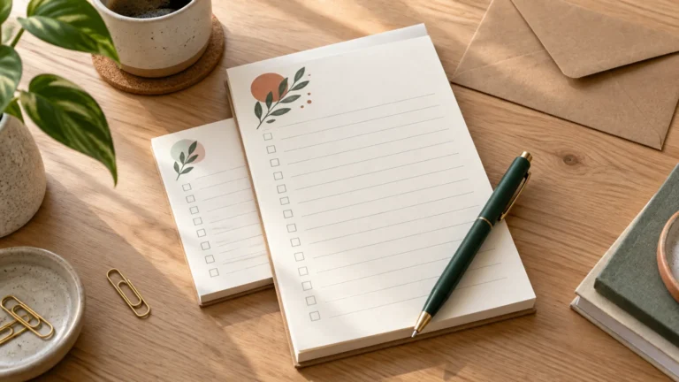 Two cream checklist notepads with botanical illustrations sit on a sunlit wooden desk beside a dark green pen, coffee mug, envelopes, paper clips, notebooks, and leafy plant.
