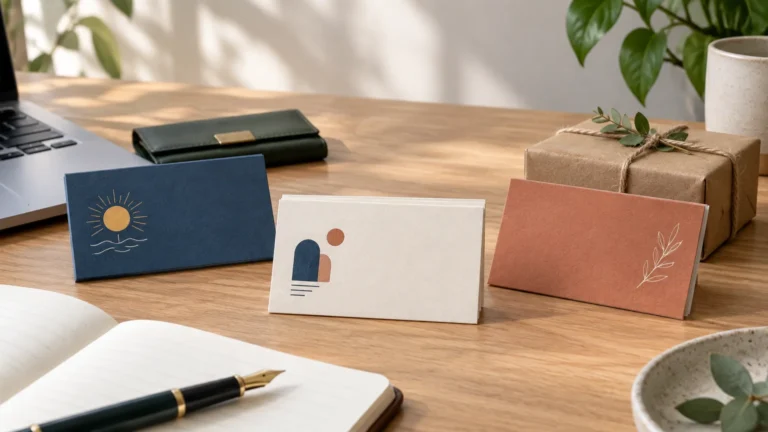 Three blank folded cardstock cards with simple sun, geometric, and leaf illustrations stand on a sunlit wooden desk beside a laptop, notebook and fountain pen, wrapped parcel, and houseplants.